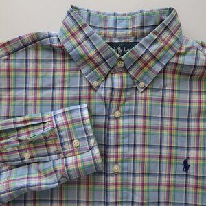 Ralph Lauren Button Down Shirt Mens L Blue Plaid 100% Cotton Preppy Long Sleeve